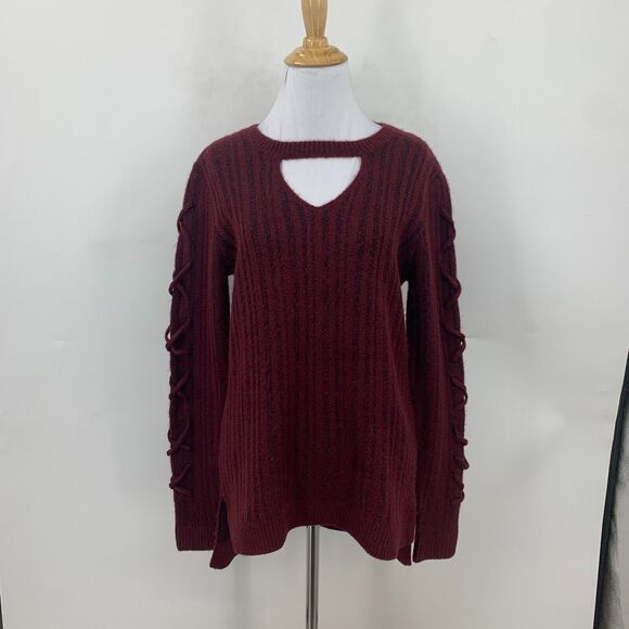 Rock & Republic Cutout Sweater Women XS Extra Small Maroon Lace Up Sleeve Chunky - Picture 2 of 14